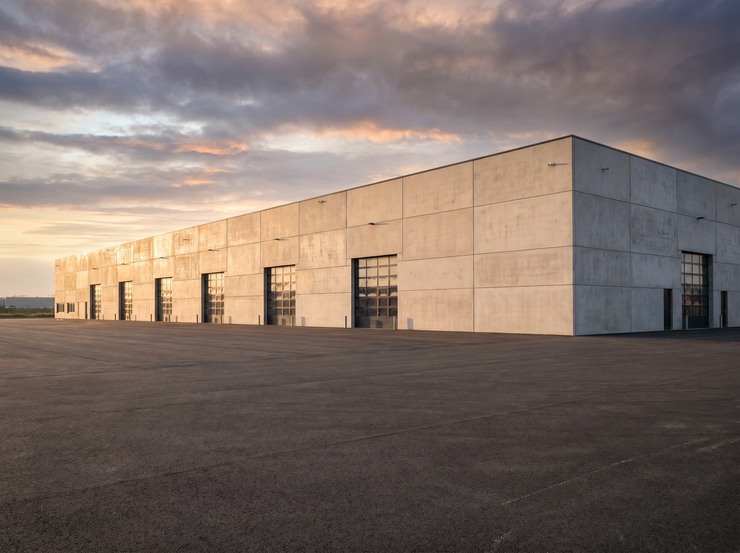 Fachada de galpão de concreto com portões de doca e amplo pátio de manobra sob céu de entardecer
